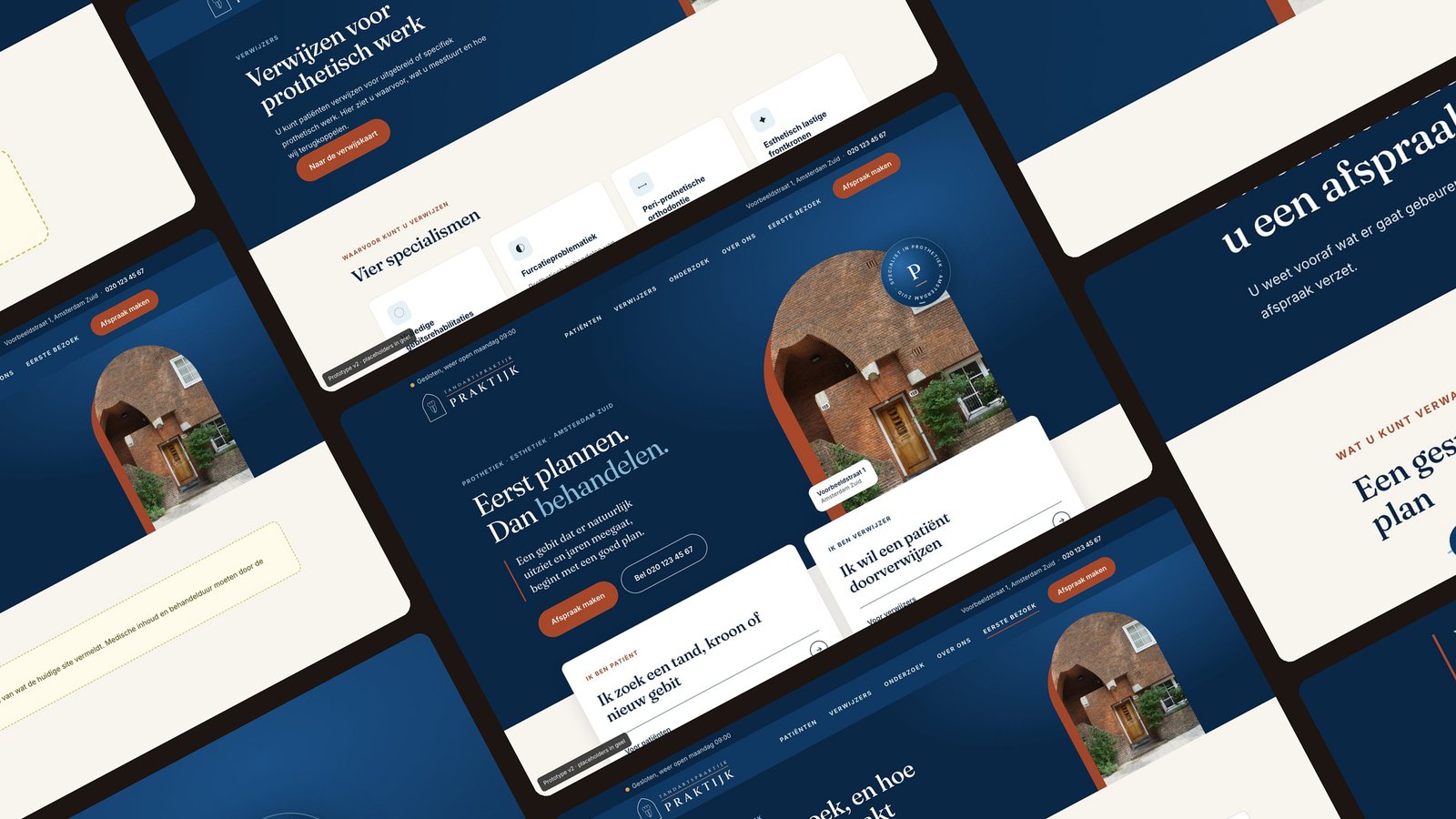 A tilted collage of the concept pages: homepage, referrers, first visit and treatments