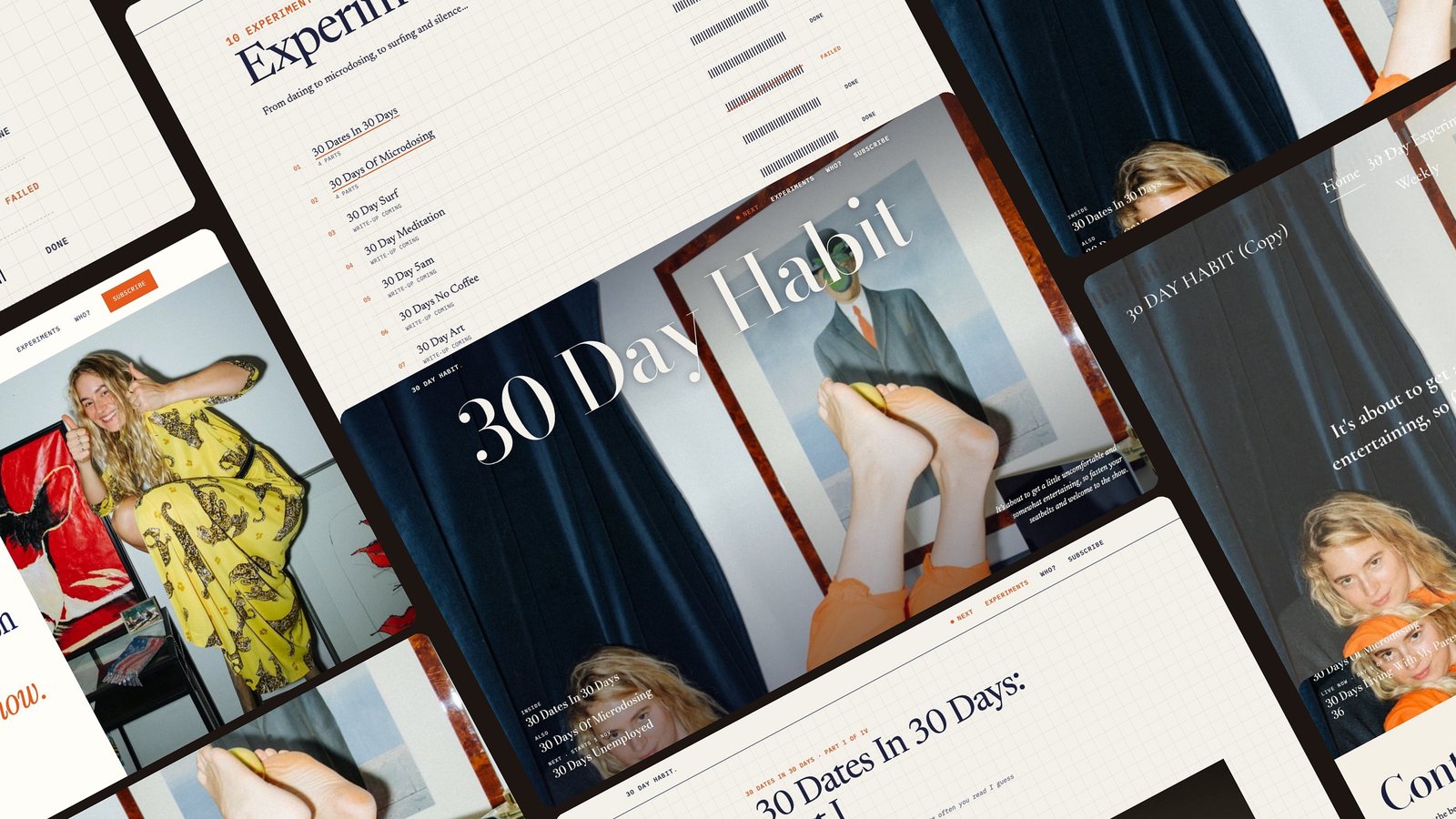 A tilted collage of the 30 Day Habit site: the cover, the experiments page, a story and the design directions
