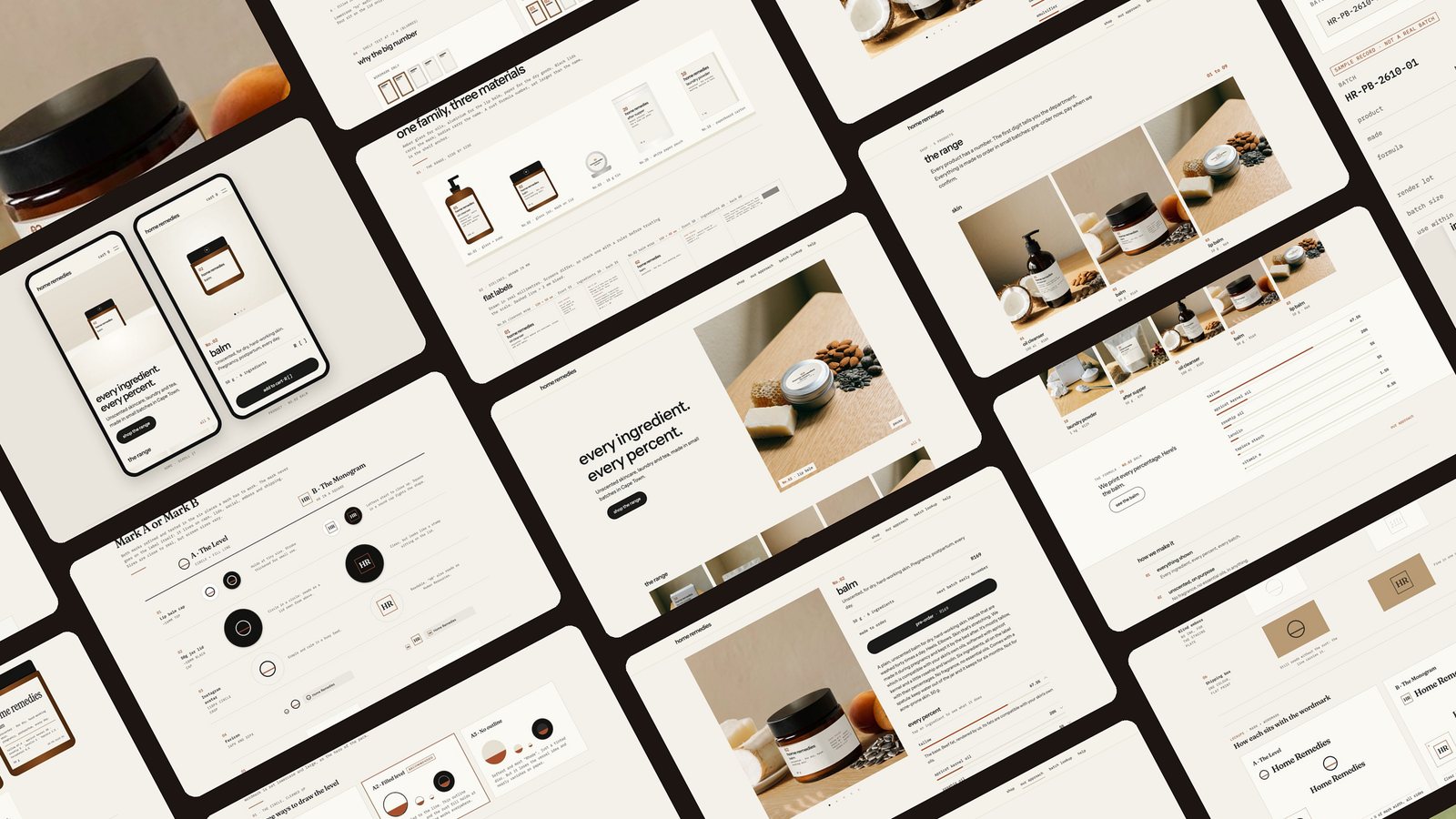 A tilted collage of the Home Remedies work: the packaging board, the product page and the homepage