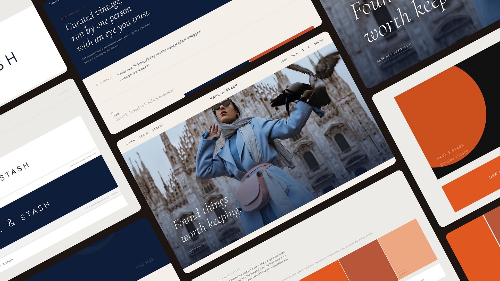 A tilted collage of Haul and Stash: the homepage, the brand guidelines, the wordmark and the colour study