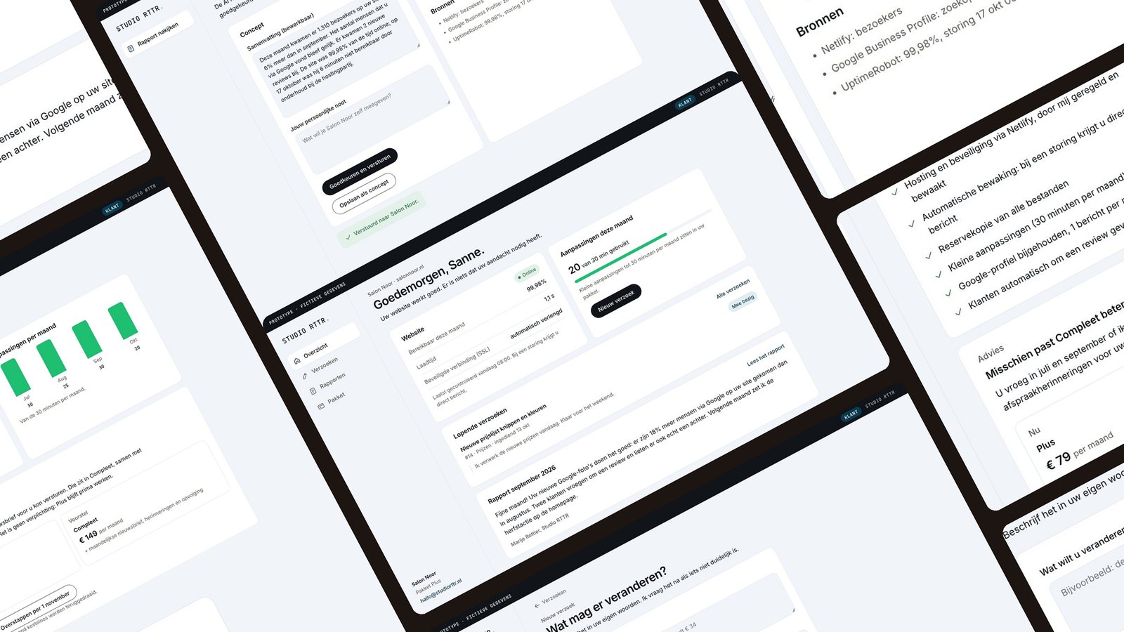 A tilted collage of the portal prototype: overview, change request, plan and the studio review screen