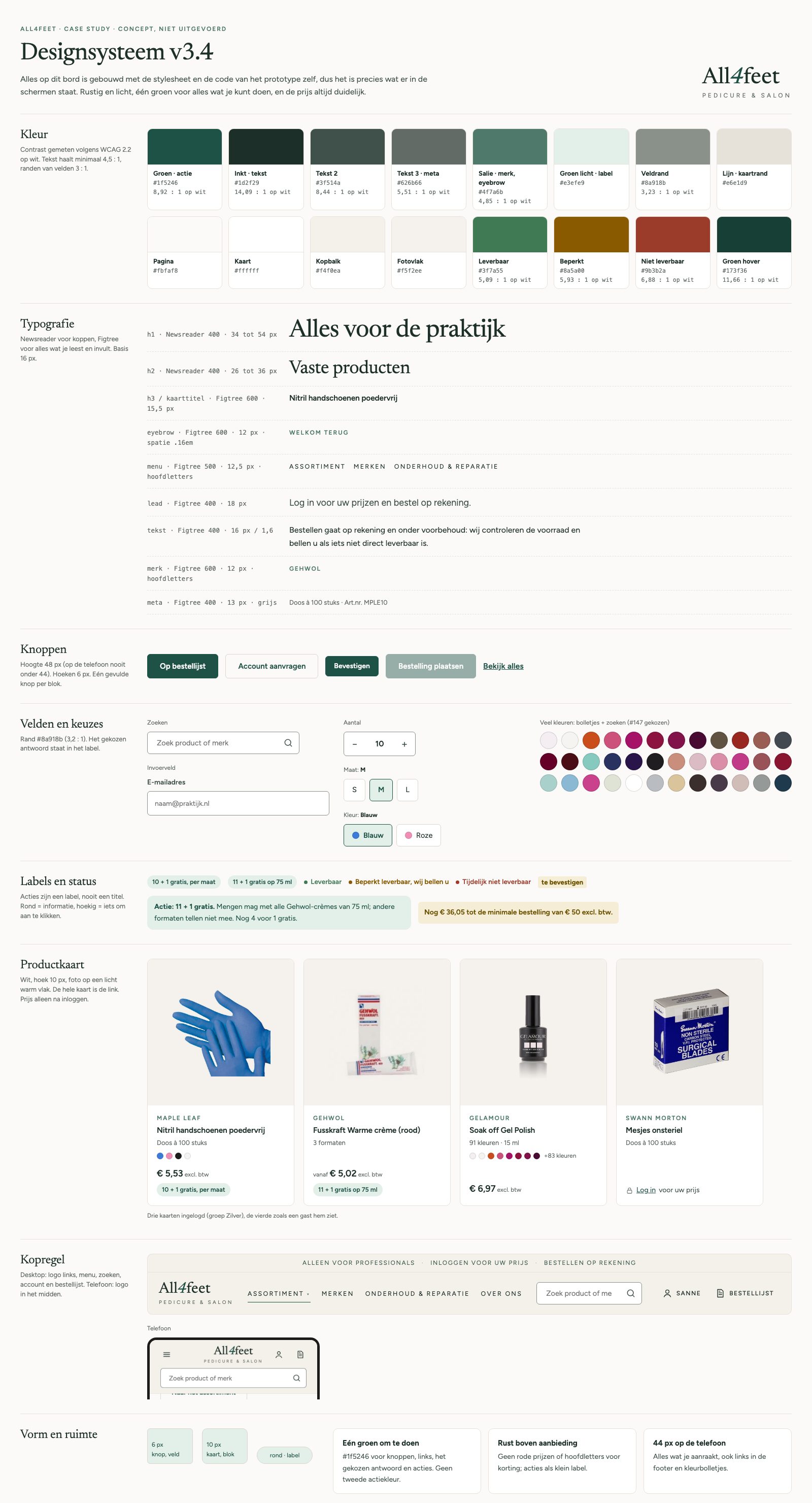 Design system board with colours, type, buttons, fields, labels and product cards