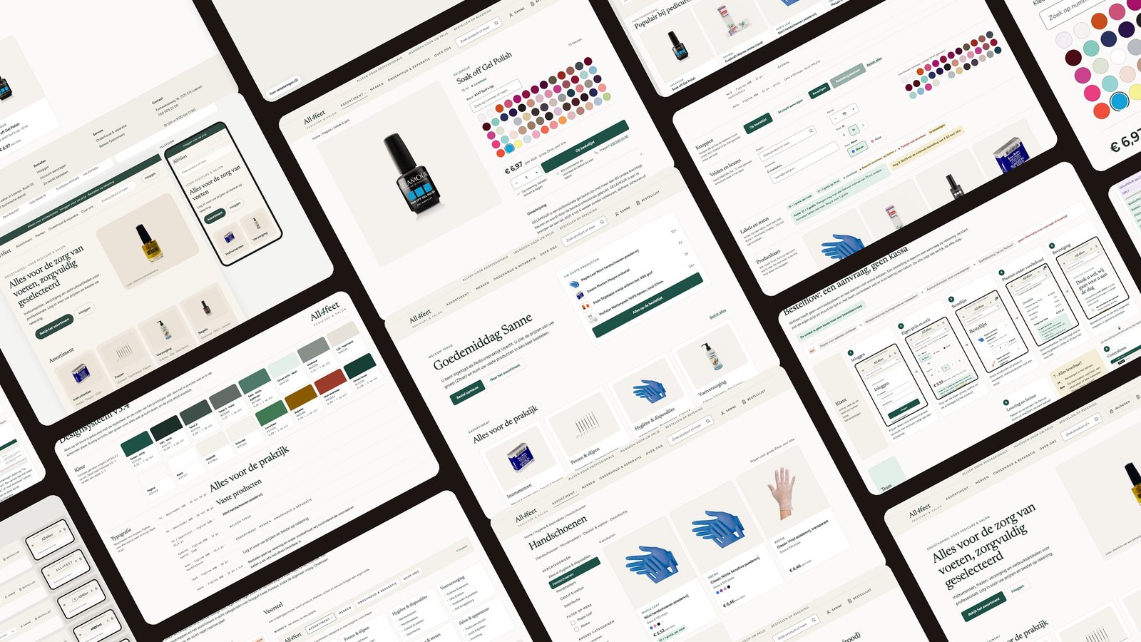A tilted collage of the All4feet concept: product pages, the category page, the design system, the order flow and the menu diagram