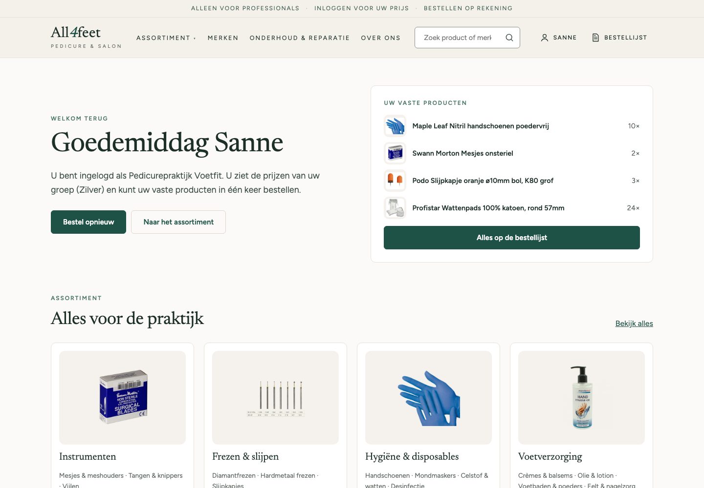 Concept homepage for All4feet, with a logged-in customer's regular products