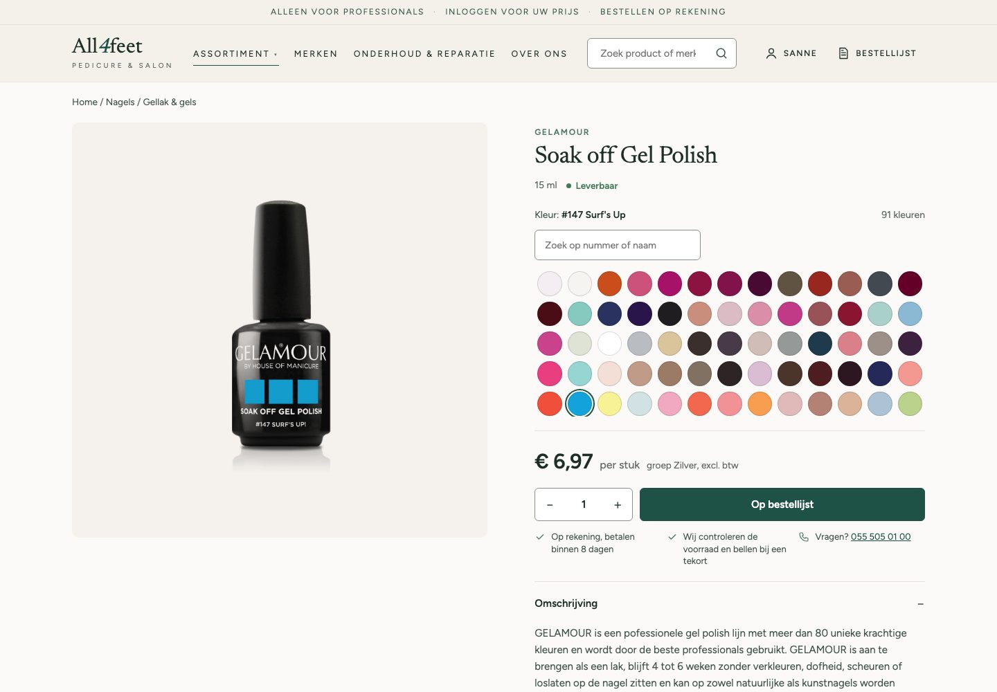 Gel polish product page with 91 colour swatches and #147 selected
