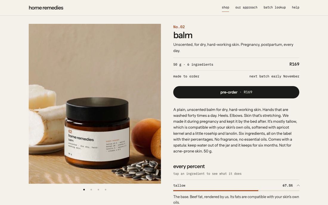 Home Remedies product page for the balm