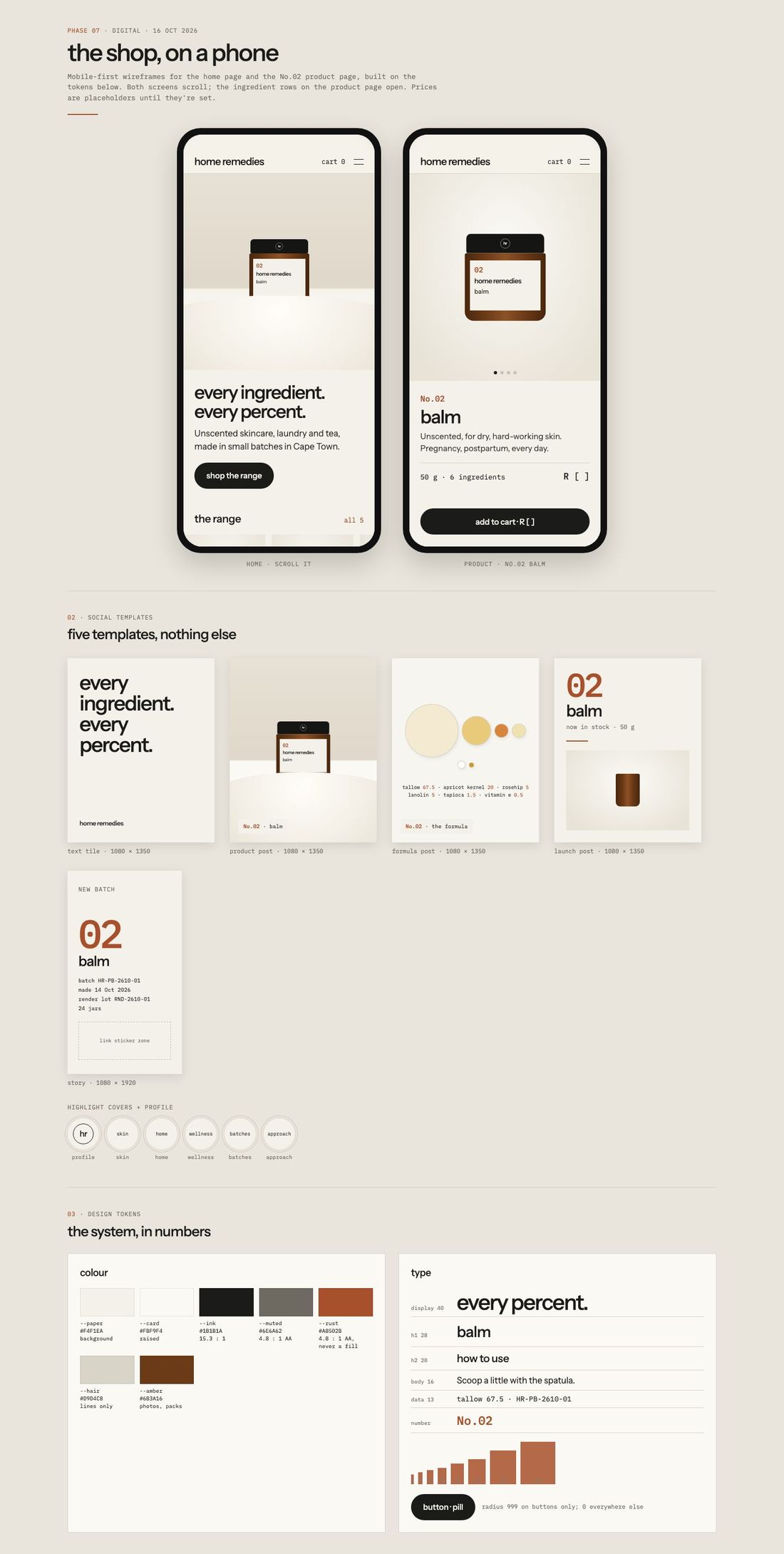 Digital board with mobile wireframes, the every percent component and design tokens